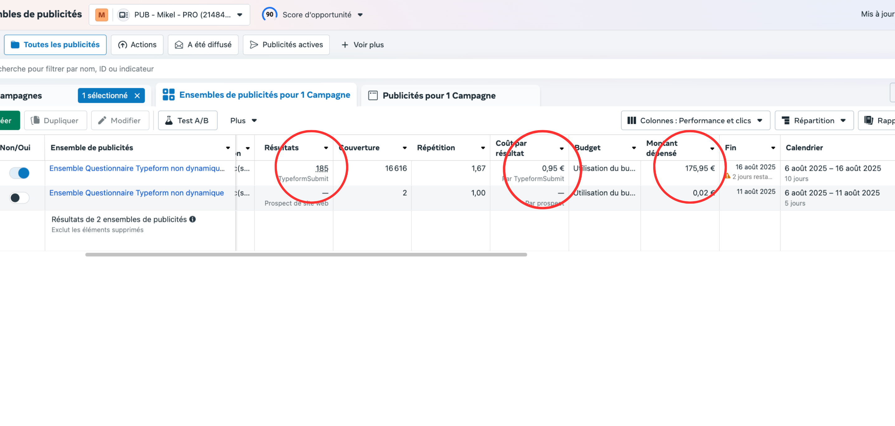 Résultats de campagne Meta Ads - Performance client réelle
